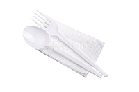 Набор 3/1 Эконом белый (300 шт/кор); Состав: Вилка, Ложка стол. салфетка белая,