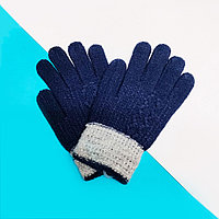 Детские перчатки на зиму с серой полоской темно синие