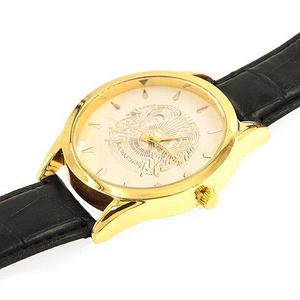 Часы мужские на коженном ремешке «Kazakhstan Republic» с изображением герба (Белый в золоте)