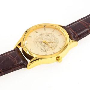 Часы мужские с изображением герба «Kazakhstan Republic» на коричневом ремешке из кожи (Белый в золоте)