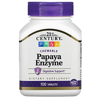 ФЕРМЕНТЫ ПАПАЙИ, для пищеварения, веганские, 100 жевательных таблеток, 21st Century