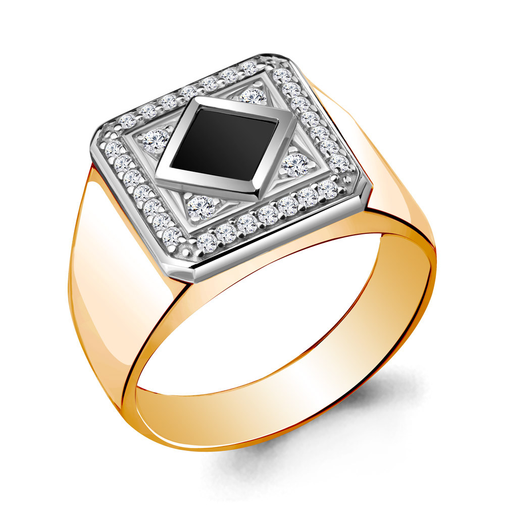 Мужское серебряное кольцо, печатка Фианит Фианит черный Aquamarine 62130Ч.6 серебро с позолотой, фото 1
