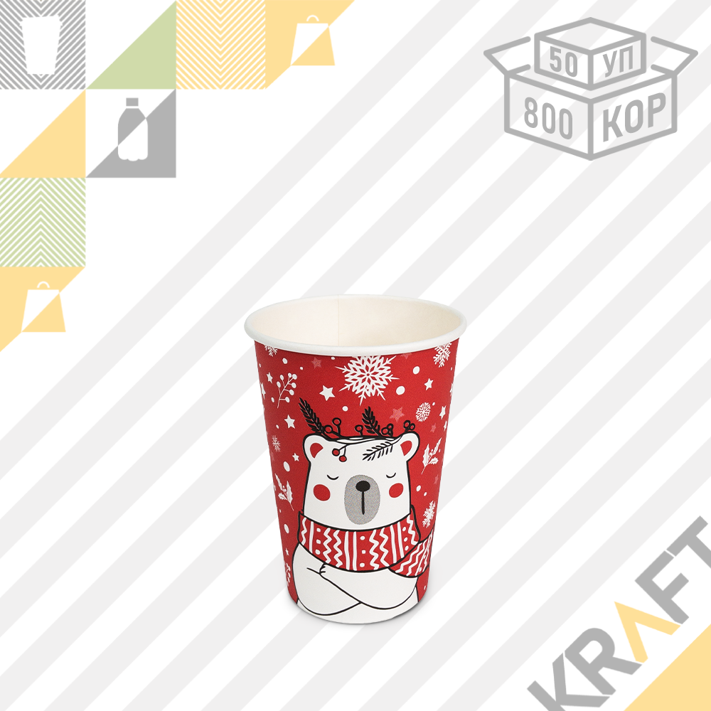 Бумажный Зимний стакан "Мишка Красный" 350мл (12 OZ / D90) (50/800)