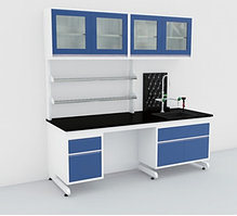 Лабораторные столы рамные с раковиной, полками и шкафом