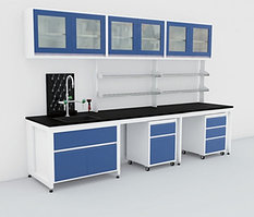 Лабораторные столы Н-рамные с раковиной, полками и шкафом