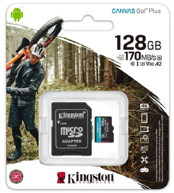 Kingston Карта памяти Kingston 128GB microSDXC Canvas Go Plus 170R/90W A2 U3 V30 Card + Adapter, SDCG3/128GB