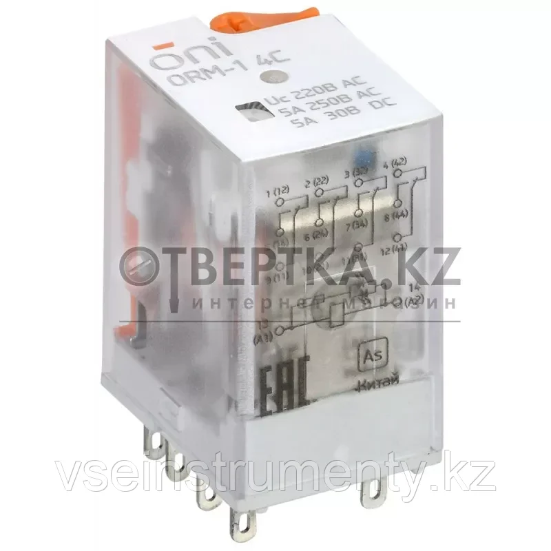 Реле интерфейсное ORM-1 4C 220В AC со светодиодом и тестовой кнопкой ONI ORM-1-4C-AC220V-L-B, фото 1