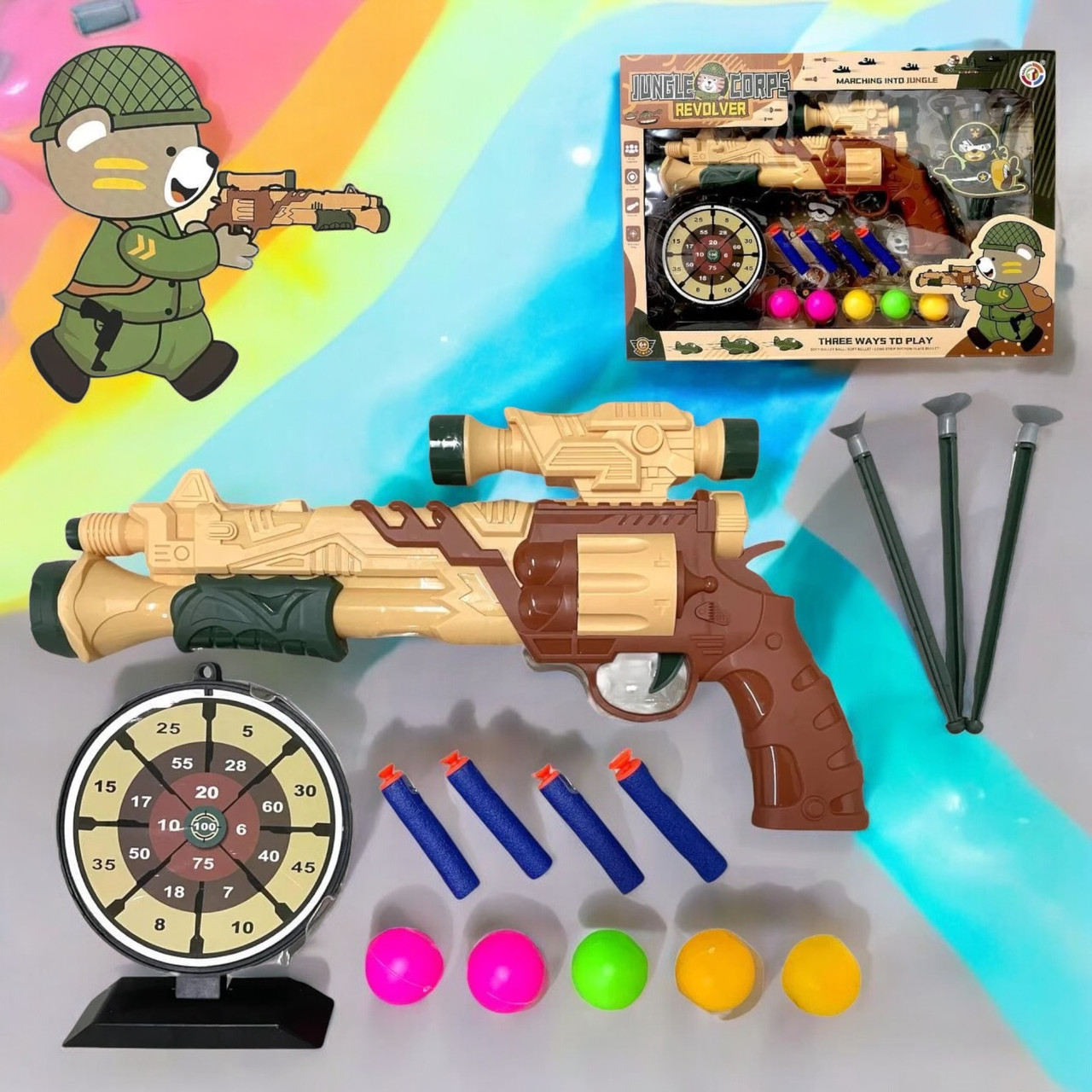 PT015 Револьвер с мишенью 5 шариков и пульки Jungle Corps 46*33см