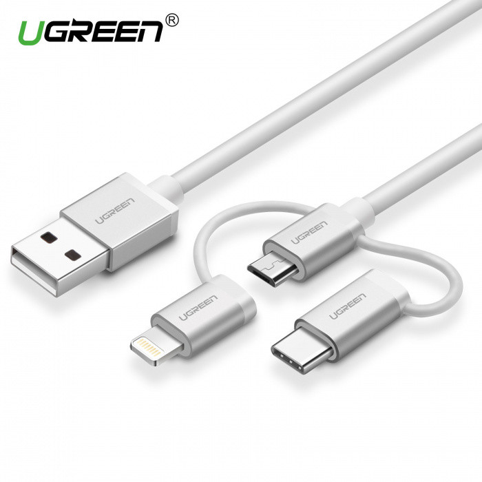 ugreen Переходник Ugreen US186 USB 2.0 A To Micro USB+Lightning+Type C (3 in 1) Cable Sliver 1.5M, 50203