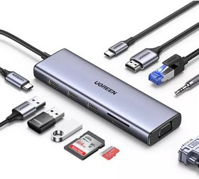 ugreen Конвертер Ugreen CM498 USB-C в 3 * USB 3.0 A/HDMI/VGA/RJ45/SD/TF/AUX3.5mm/PD/15601