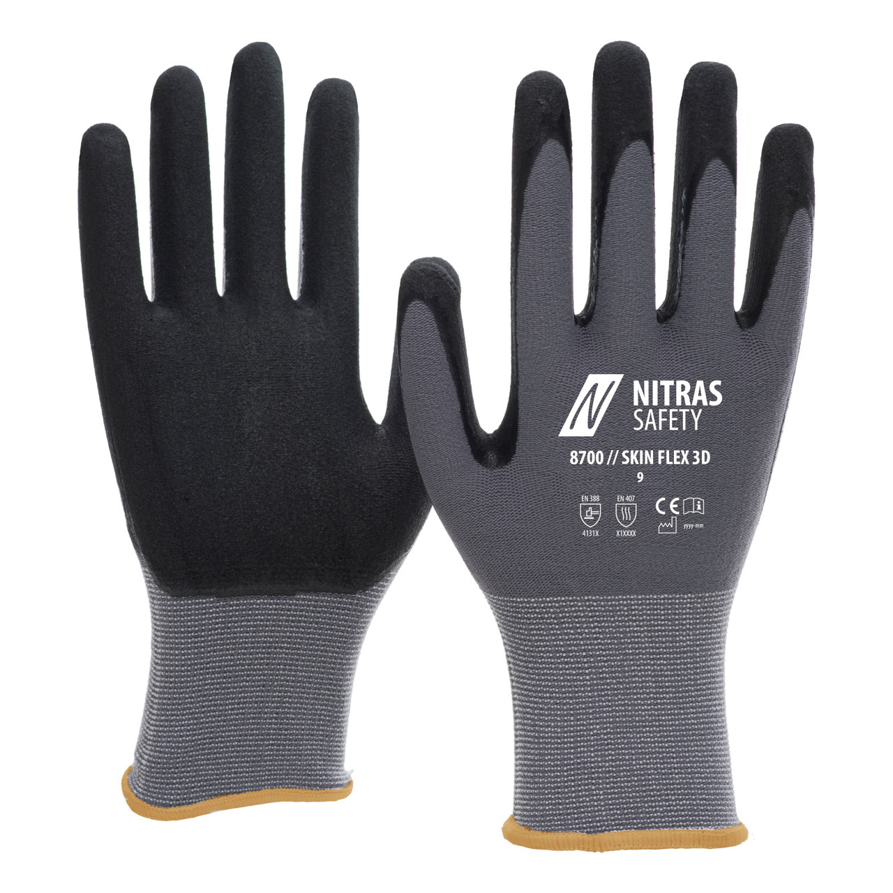 NITRAS 8700 SKIN FLEX 3D, перчатки из специальной эластичной ткани, серого цвета, покрытие 1/2 черное