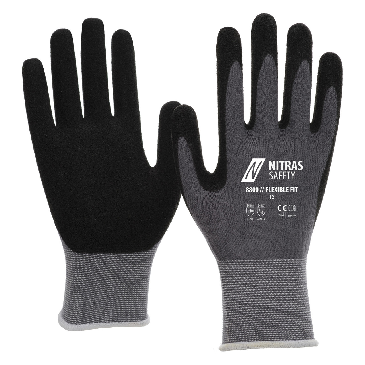 NITRAS 8800 FLEXIBLE FIT, перчатки из специальной эластичной ткани, серого цвета, специальное покрытие черное
