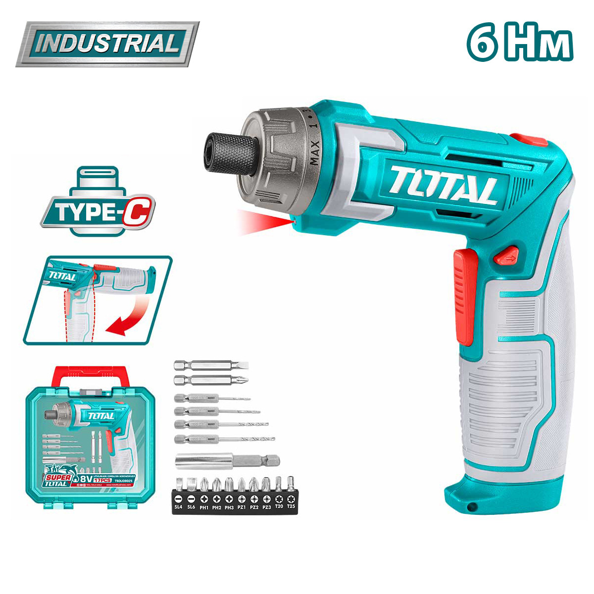 Отвертка аккумуляторная в кейсе TOTAL TSDLI08025, фото 1