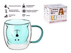 Кружка стеклянная с двойными стенками, 250 мл, синяя, серия Bear, PERFECTO LINEA (Стеклянная кружка ручной