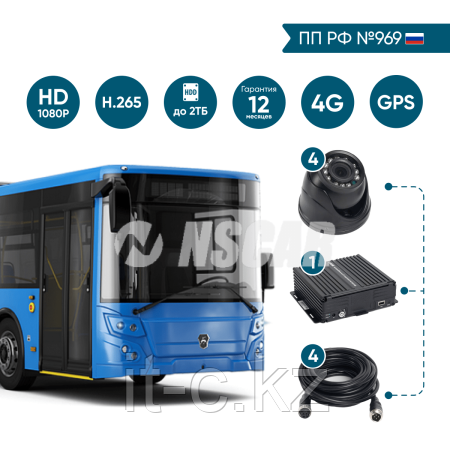 Комплект на 4 камеры NSCAR BUS401 FullHD_HDD с опциями 4G+GPS/Глонасс (по 969)