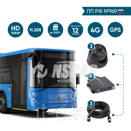 Комплект для автобуса на 3 камеры NSCAR BUS301 FullHD_2SD с опциями 4G+GPS/Глонасс (по 969)