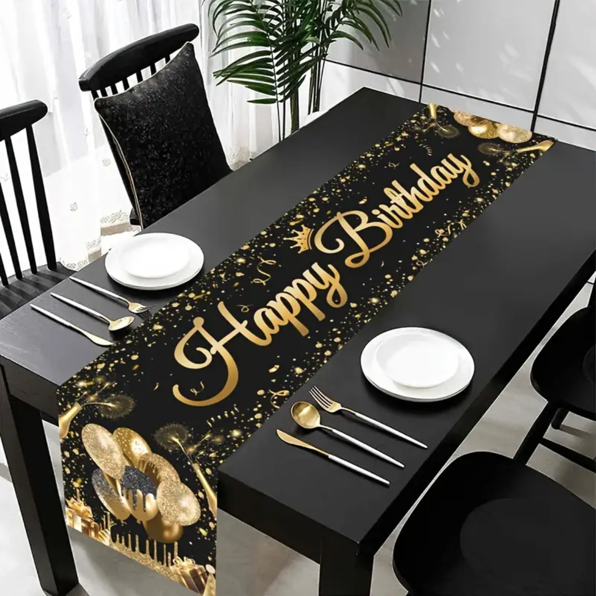 Элегантная дорожка на стол "Happy Birthday" (Black & Gold)