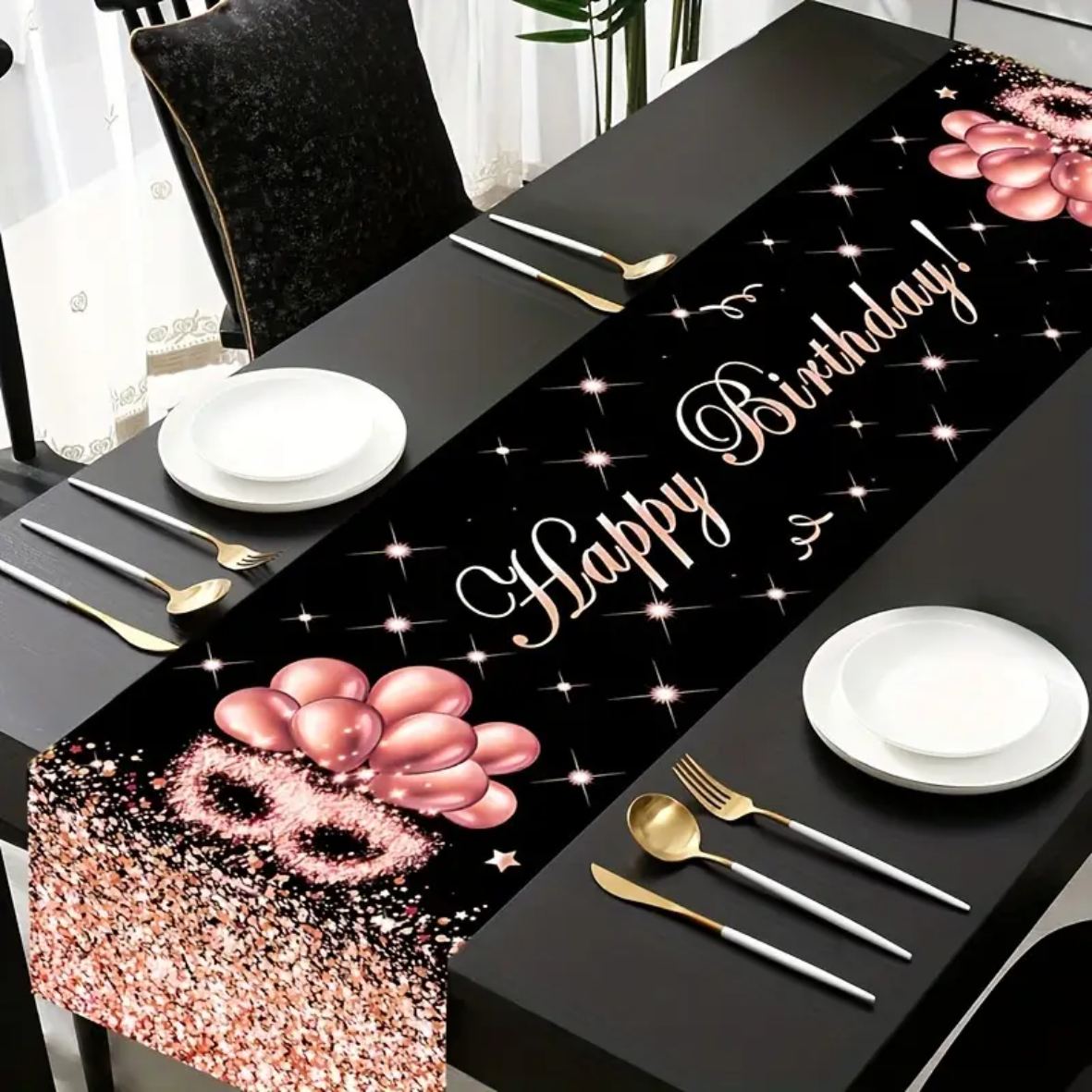 Элегантная дорожка на стол "Happy Birthday" (Black & Rose)