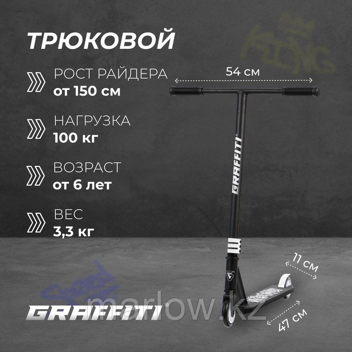 Самокат трюковой GRAFFITI Clever 24, колёса PU 100 мм, резьбовая компрессия, ABEC 9 Chrome, цвет чёр ...