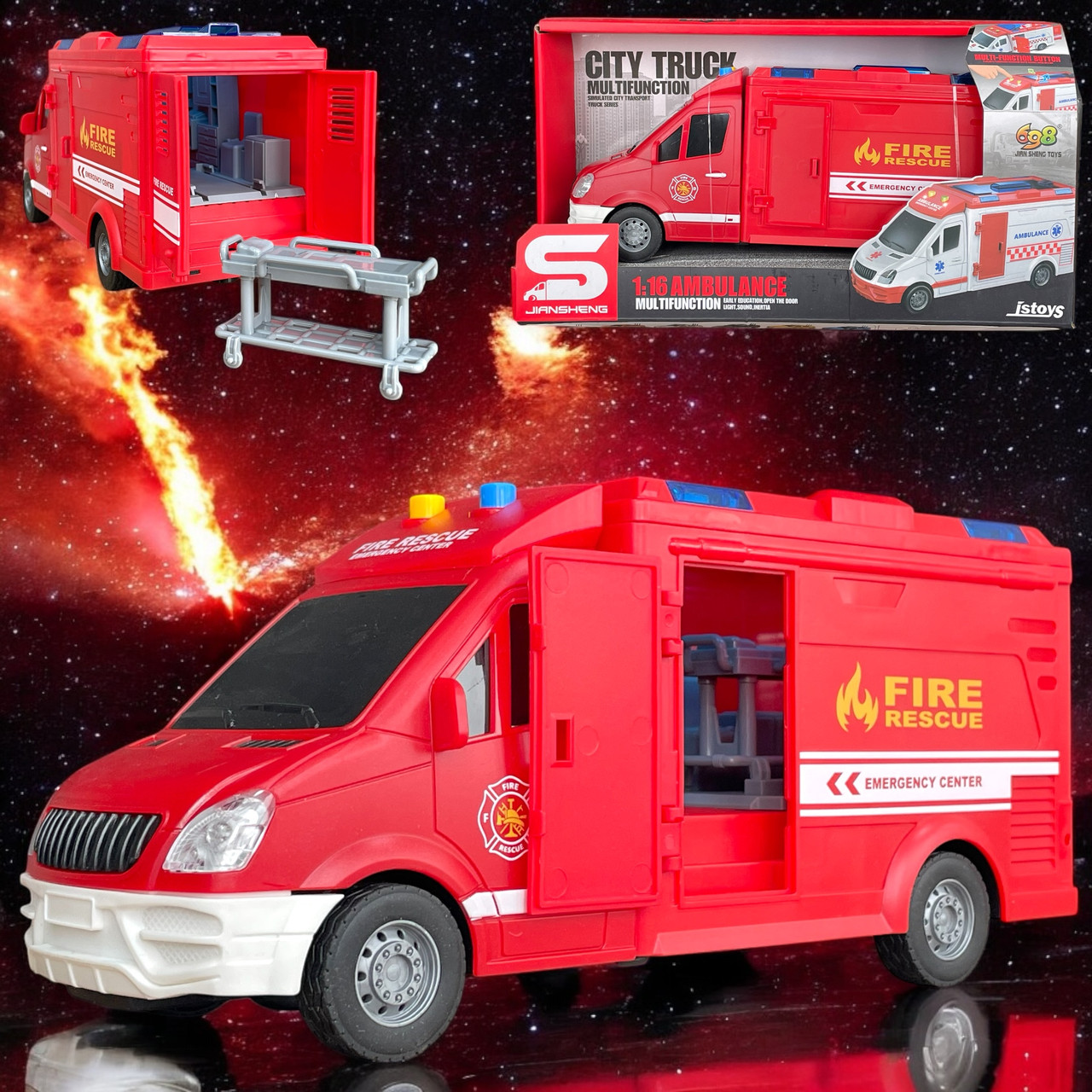Js126E Пожарная машина 911 2 функции Fire Rescue 31*17см