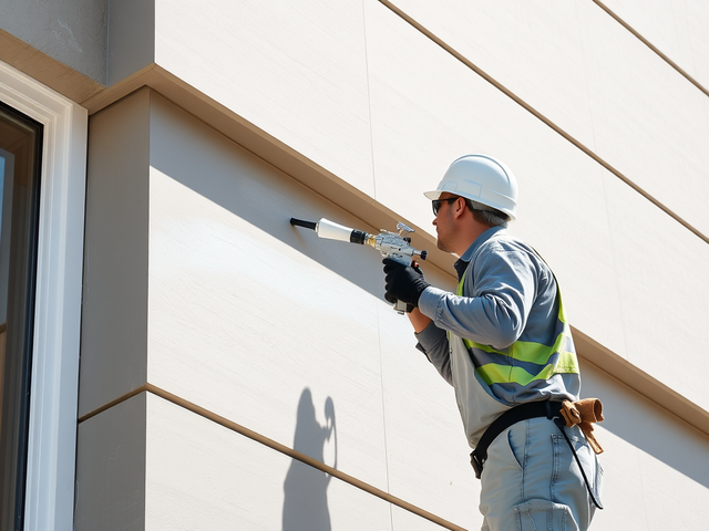 Профессиональный рабочий красит фиброцементные панели на фасаде здания