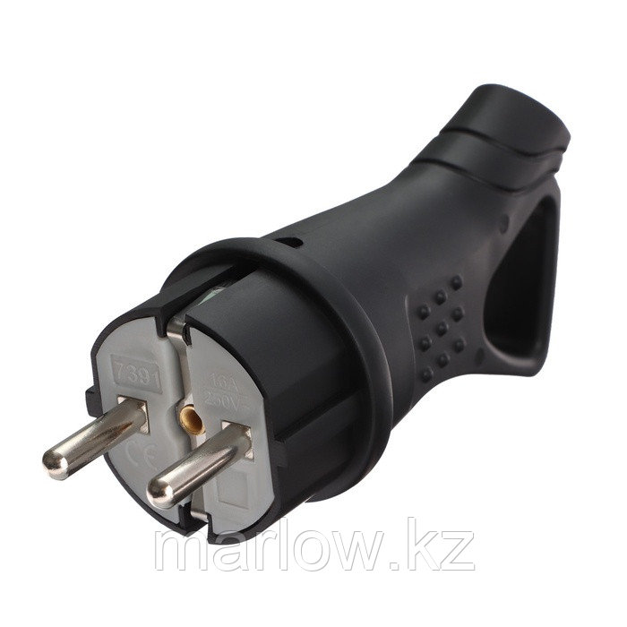 Вилка угловая с кольцом, 16А, с з/к, 220 В, каучук, черная, фото 1