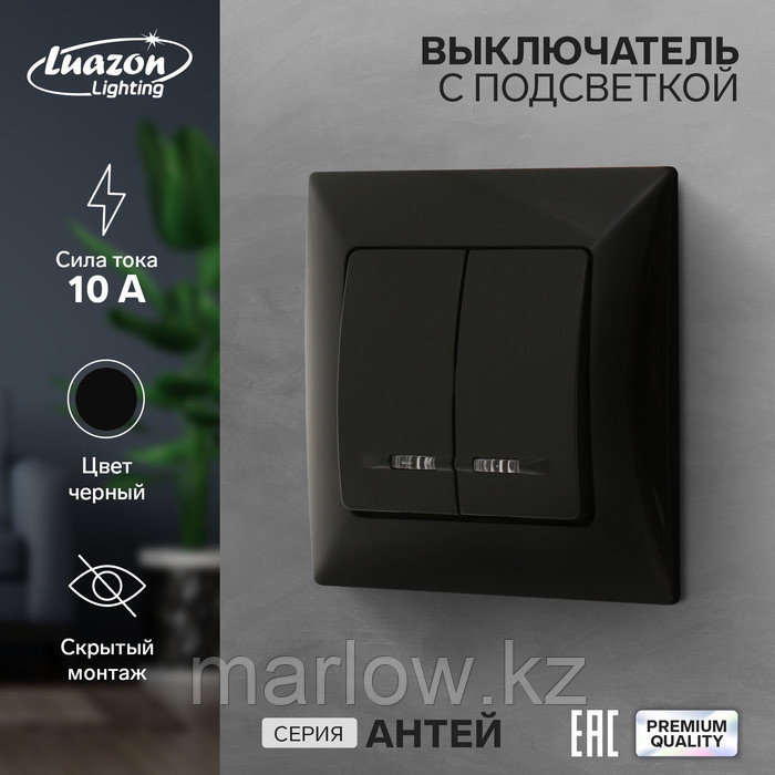 Выключатель Luazon Lighting "Антей", 10 А, 2 клавиши, скрытый, с подсветкой, черный