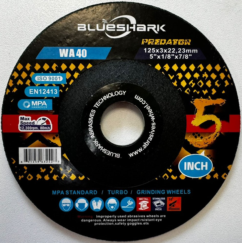 Диск шлифовальный по металлу и INOX WA Р40 BlueShark, 125x3.0x22.23