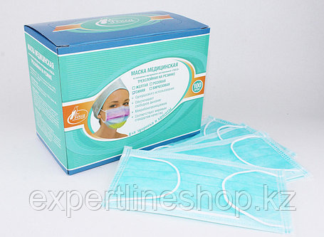 Маски защитные для лица, на резинке, трехслойные БИРЮЗОВЫЕ уп. 100 шт. (Россия) поштучно, фото 1