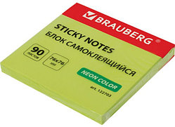 Блок самоклеящийся (стикеры), BRAUBERG, НЕОНОВЫЙ, 76х76 мм, 90 листов, зеленый