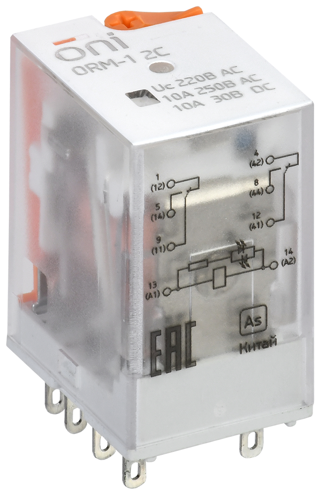 Реле интерфейсное ORM-1 2C 220В АC 10А 2 контакта LED тест кнопка ONI, фото 1