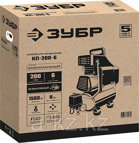 ЗУБР 200 л/мин, 6 л, 1500 Вт, безмасляный компрессор (КП-200-6), фото 1