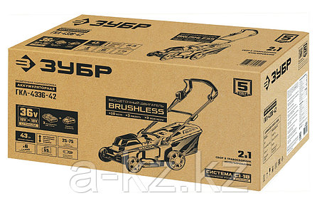 ЗУБР С1-18, 36 В, 43 см, 2х18 В АКБ (4 А·ч), бесщеточная газонокосилка (ГКЛ-4336-42), фото 1