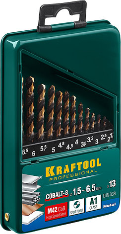 KRAFTOOL COBALT-8, 13 шт, (1.5-6.5 мм), сталь М42, HSS-Co(8%), набор сверл по металлу (29656-H13), фото 2