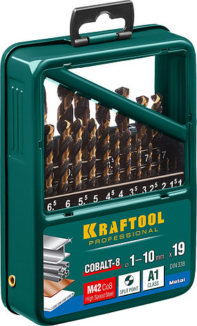 KRAFTOOL COBALT-8, 19 шт, (1-10 мм), сталь М42, HSS-Co(8%), набор сверл по металлу (29656-H19), фото 2