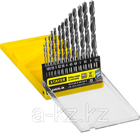 STAYER HSS-R, 13 шт, (1.5-6.5 мм), быстрорежущая сталь P6M5, класс В, набор сверл по металлу, Professional, фото 1