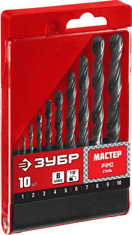 ЗУБР 10 шт, (1-10 мм), сталь Р4М2, класс В, набор сверл по металлу (29605-H10), фото 2