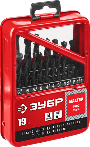 ЗУБР 19 шт, (1-10 мм), сталь Р4М2, класс В, мет.бокс, набор сверл по металлу (29605-H19), фото 2