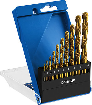 ЗУБР ТИТАН, 10 шт, (1-10 мм), сталь Р6М5, класс А, титановое покрытие, набор сверл по металлу, Профессионал, фото 1