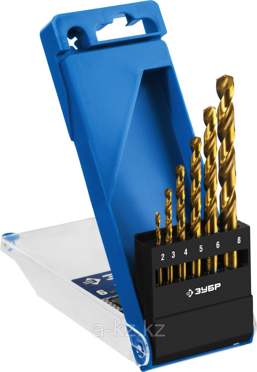 ЗУБР ТИТАН, 6 шт, (2-8 мм), сталь Р6М5, класс А, титановое покрытие, набор сверл по металлу, Профессионал