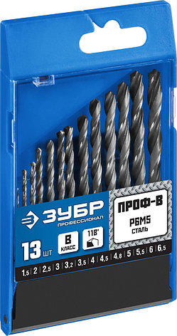 ЗУБР ПРОФ-В, 13 шт, (1.5-6.5 мм), сталь Р6М5, класс В, набор сверл по металлу, Профессионал (29621-H13), фото 2