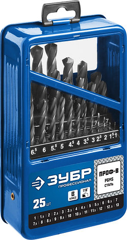 ЗУБР ПРОФ-В, 25 шт, (1-13 мм), сталь Р6М5, класс В, мет.бокс, набор сверл по металлу, Профессионал (29621-H25), фото 2