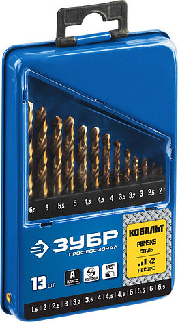 ЗУБР Кобальт, 13 шт, (1.5-6.5 мм), сталь Р6М5К5, класс А, мет.бокс, набор сверл по металлу, Профессионал, фото 2