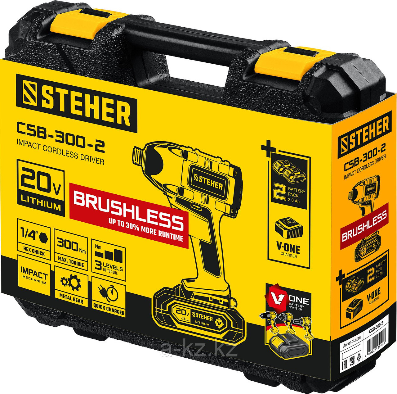 STEHER V1, 20 В, 300 Н·м, 2 АКБ (2 А·ч), бесщеточный винтоверт, кейс (CSB-300-2)