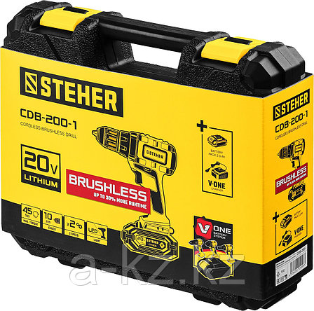 STEHER V1, 20 В, 45 Н·м, 1 АКБ (2 А·ч), бесщеточная дрель-шуруповерт, кейс (CDB-200-1), фото 1