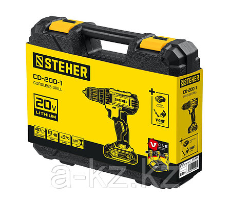 STEHER V1, 20 В, 40 Н·м, 1 АКБ (2 А·ч), дрель-шуруповерт, кейс (CD-200-1), фото 1