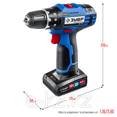 ЗУБР 12 В, 40 Н·м, 2 АКБ тип Т7 (4 А·ч), дрель-шуруповерт, сумка, Профессионал (DL-121-42), фото 1