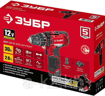 ЗУБР С1-12, 12 В, 30 Н·м, 1 АКБ (2 А·ч), дрель-шуруповерт (ДШЛ-125-21), фото 1