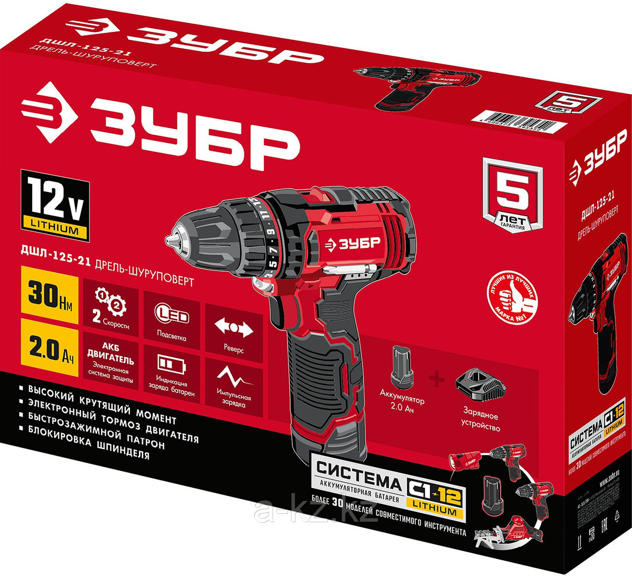 ЗУБР С1-12, 12 В, 30 Н·м, 1 АКБ (2 А·ч), дрель-шуруповерт (ДШЛ-125-21)