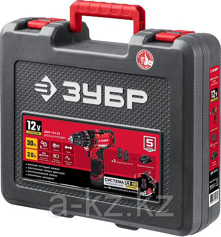 ЗУБР С1-12, 12 В, 30 Н·м, 2 АКБ (2 А·ч), дрель-шуруповерт, кейс (ДШЛ-125-22), фото 1